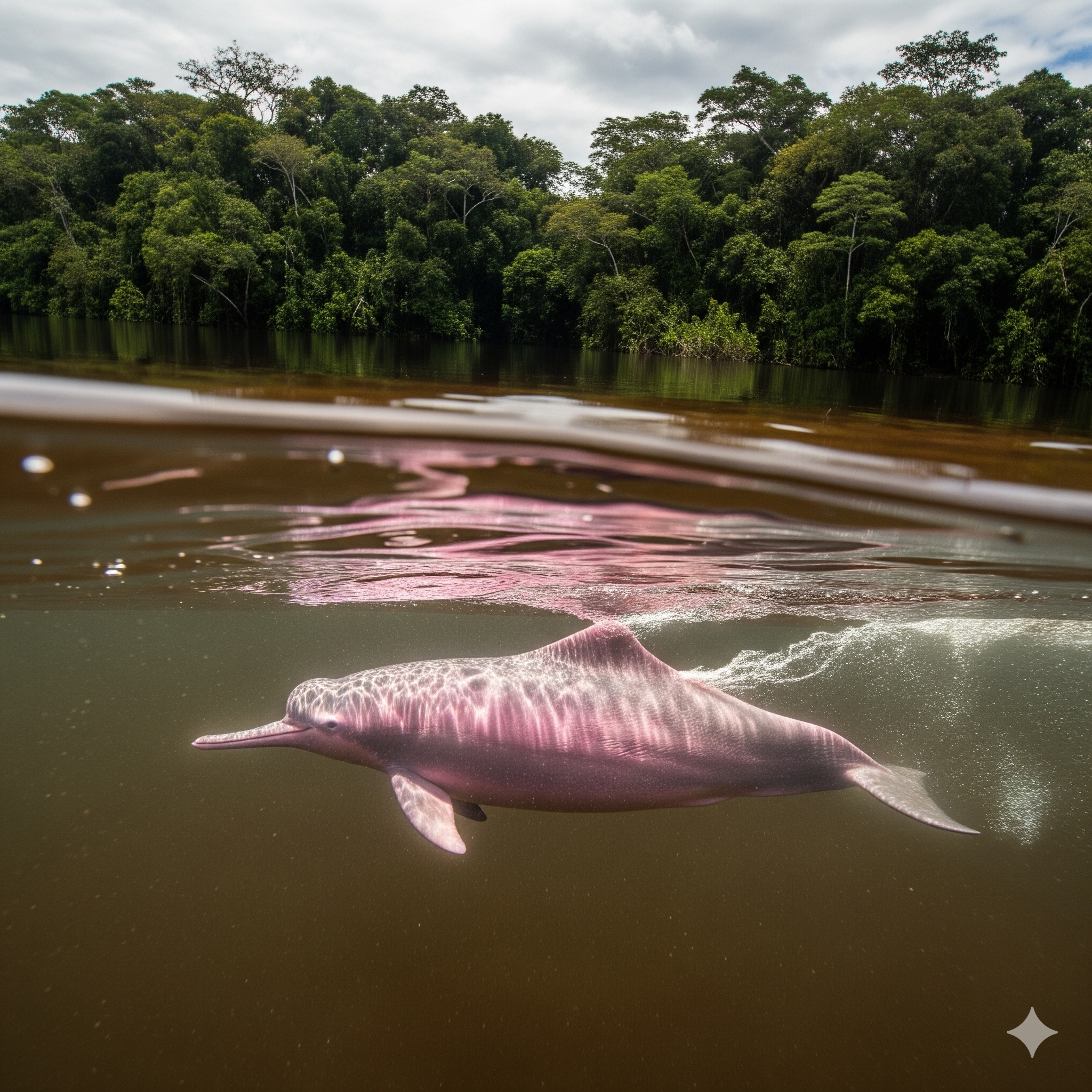 A rare pink river dolphin gracefully swimming in the dark waters of the Tuichi River, with the jungle lining the riverbank.