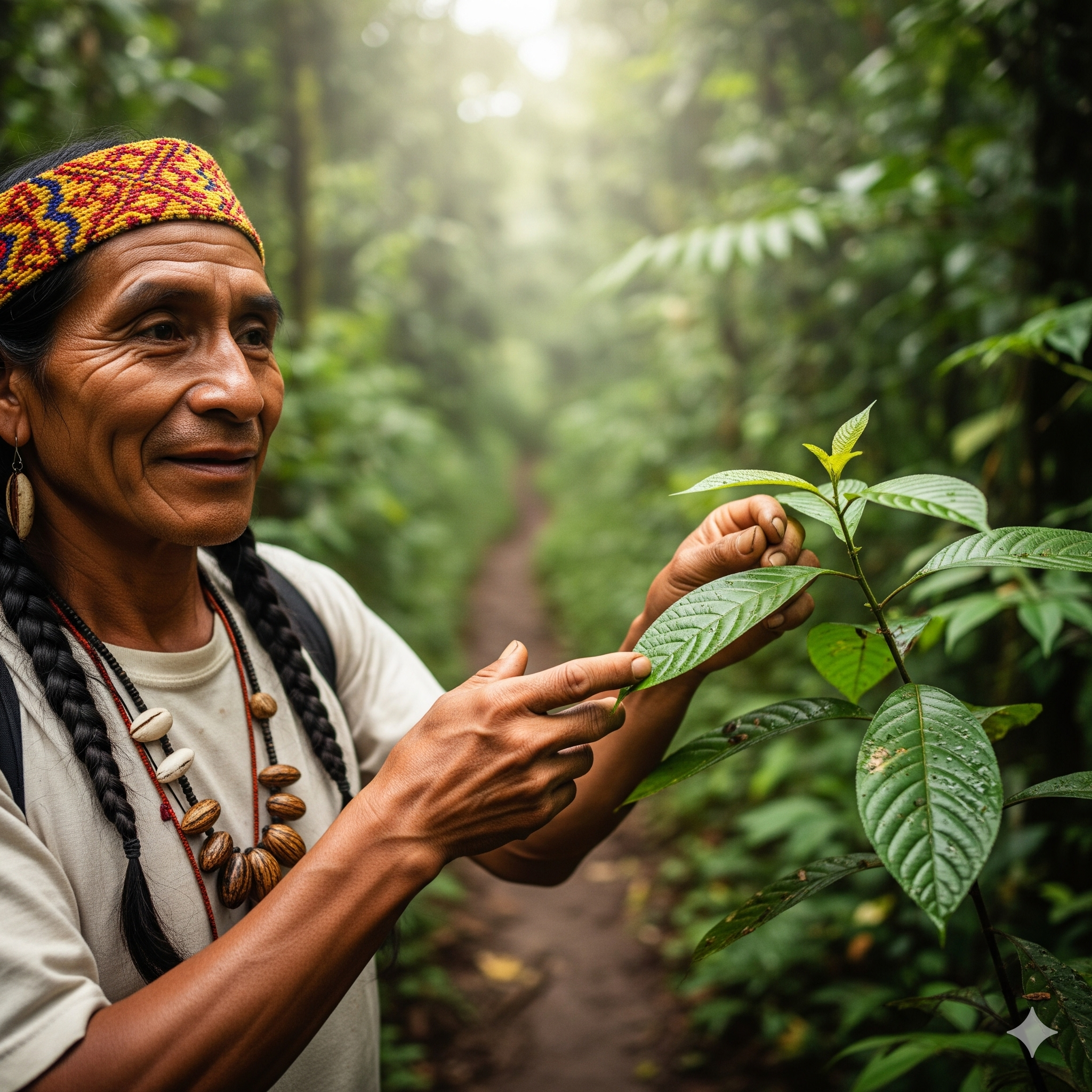 A Quechua-Tacana Indigenous guide on a nature trail in the Amazon, gently touching the leaf of a medicinal plant.
