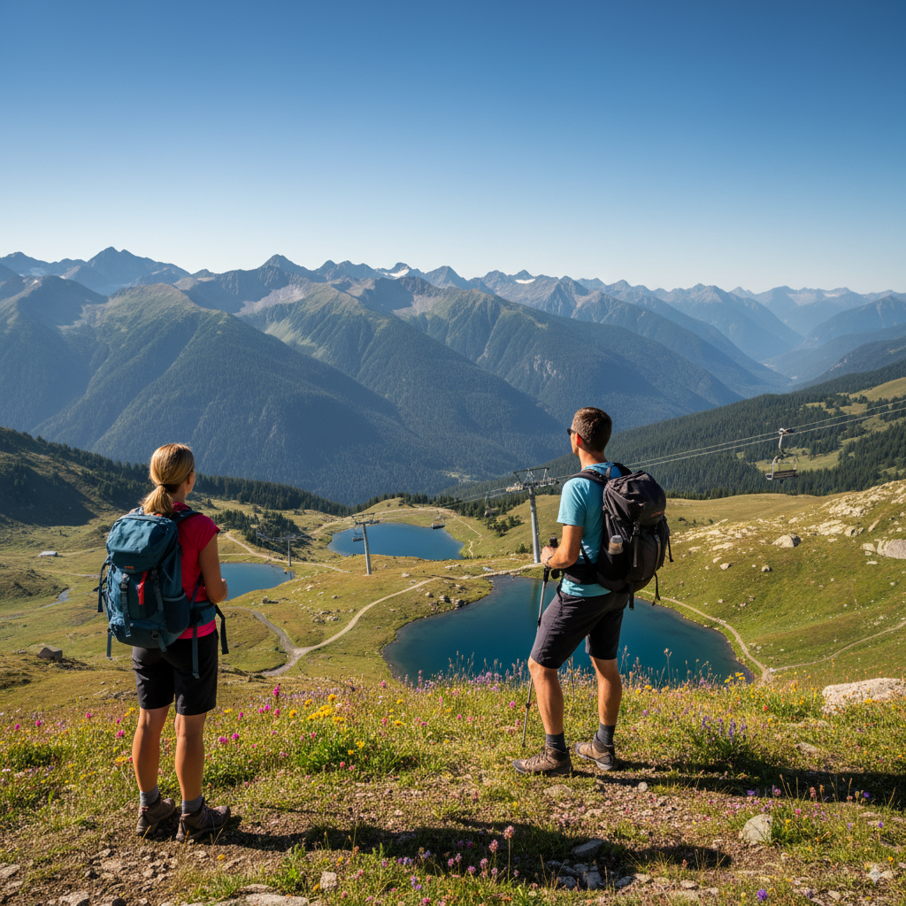 A couple hiking in on a high altitude trail .