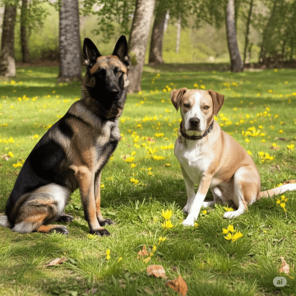 Scout, a Belgian Shepherd, Huskie, Timberwolf mix, and Rufus, a Labrador-pit bull mix, sitting in a sunny, grassy field.