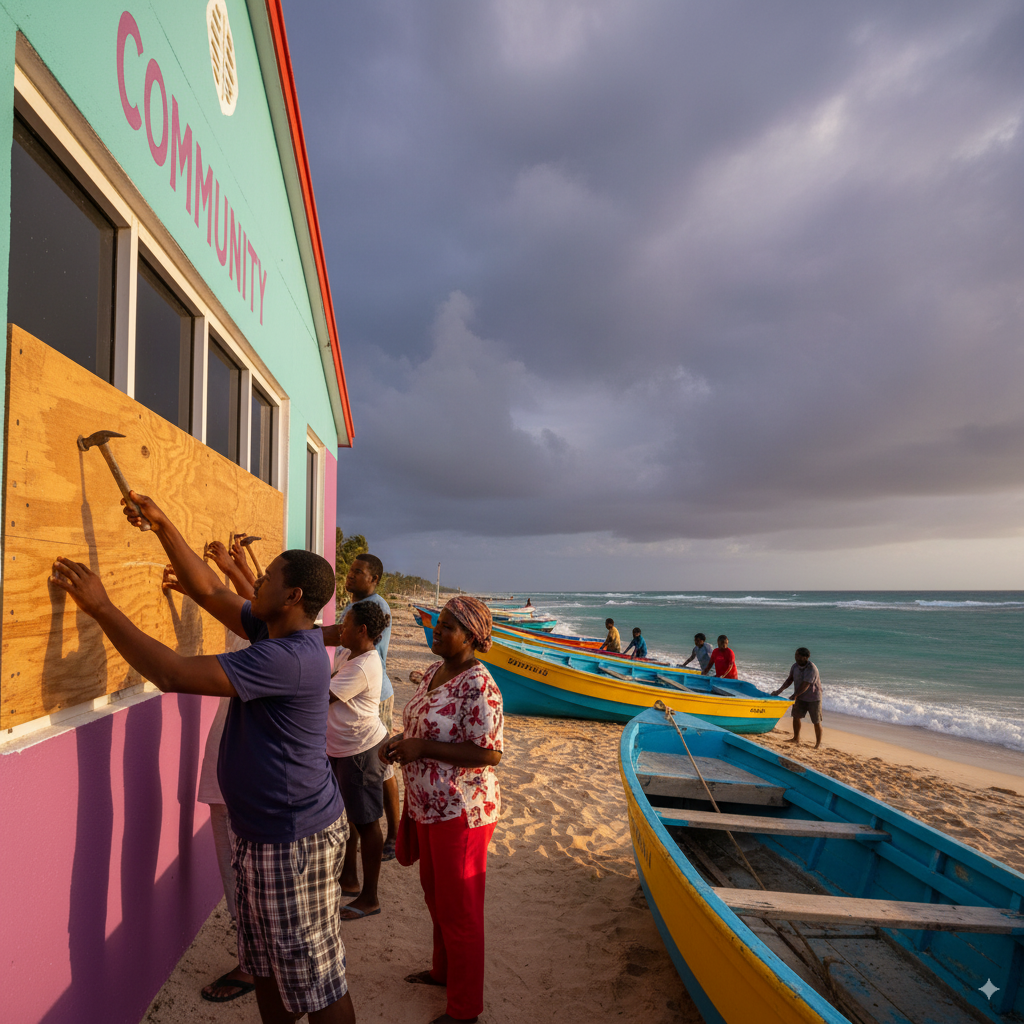 Island residents prepare for a storm by boarding the windows