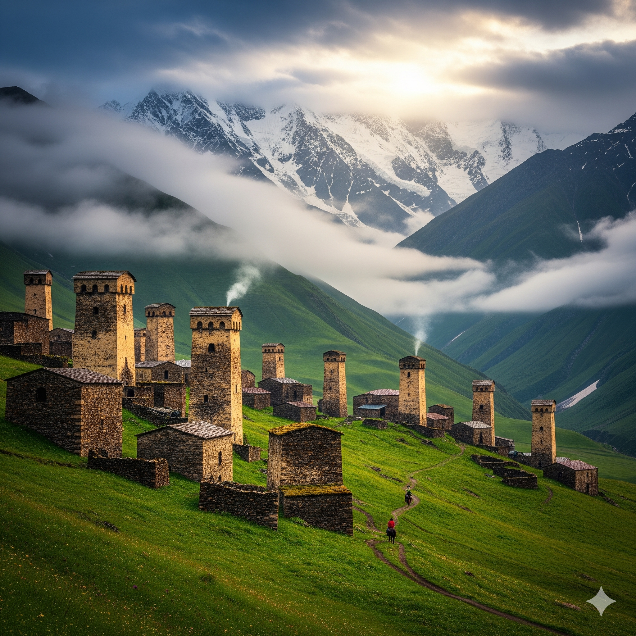 Ancient stone defensive towers in a lush green valley in Svaneti, Georgia.